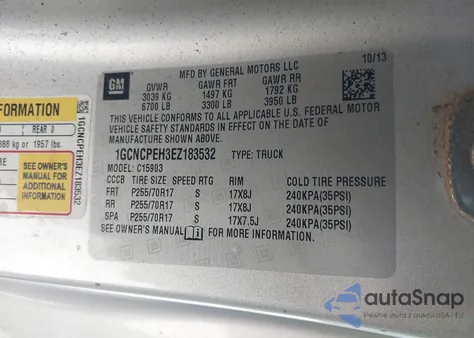 2014 Chevrolet Silverado C1500 z USA, uszkodzony, nr VIN 1GCNCPEH3EZ183532